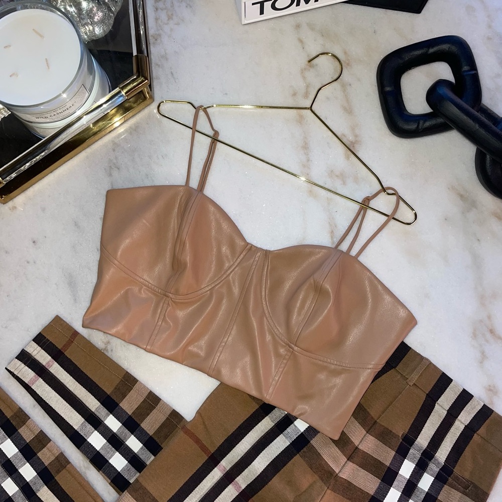 Express Body Contour Faux Leather Corset Cropped Top in Beige Tan Nude